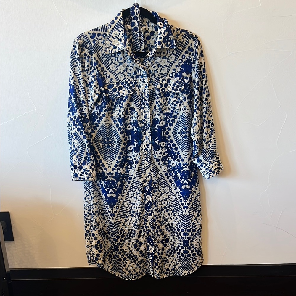 CAbi Blue, Crème & White Long Sleeve Buttoned Shirt Dress